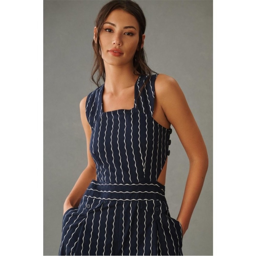 Maeve Anthropologie Derby Day Nautical Pinafore Navy Stripe Wide Leg Jumpsuit 14 - Picture 5 of 14